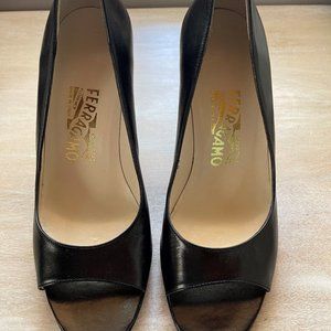 Ferragamo Black Leather Open Toe Heels - Like New 6.5